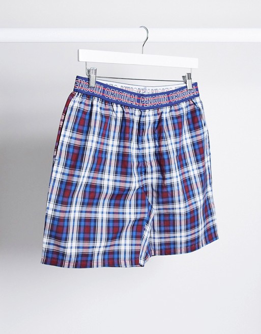 Original Penquin lounge poplin shorts in blue/ white and red check