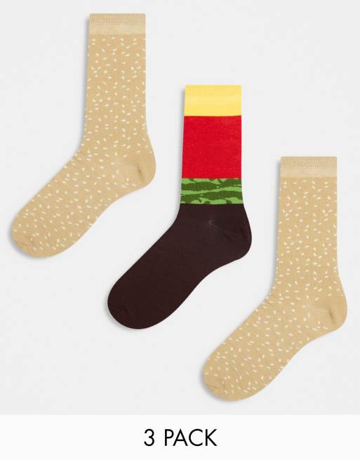 Orrsum – Sock Company – 3er-Pack Socken im Burger-Design in einer Geschenkbox