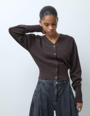 & Other Stories 100% Wool Cuffed Sleeve V Neck Fitted Cardigan With Buttons In Brown