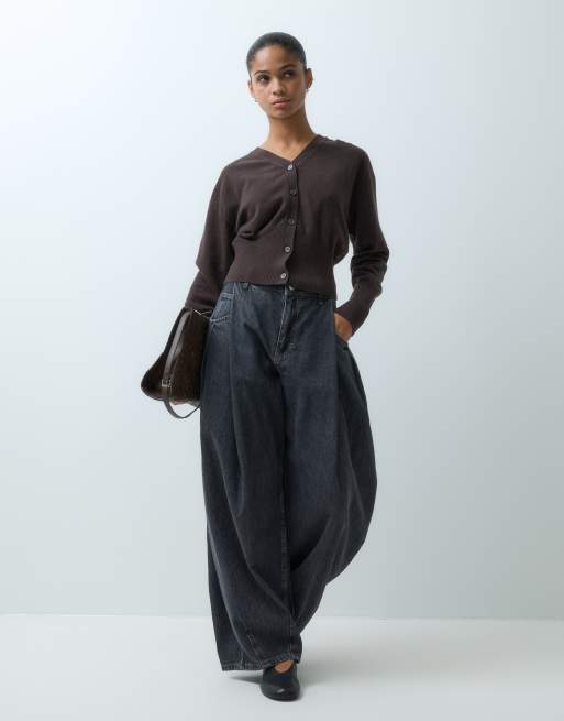 & Other Stories 100% wool cuffed sleeve v neck fitted cardigan with buttons in dark brown, 5 of 5