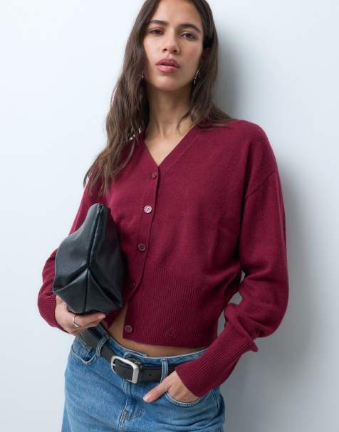 & Other Stories 100% wool cuffed sleeve v neck fitted cardigan with buttons in dark red - view 1