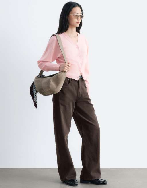 & Other Stories 100% wool cuffed sleeve v neck fitted cardigan with buttons in dusty pink, 3 of 4