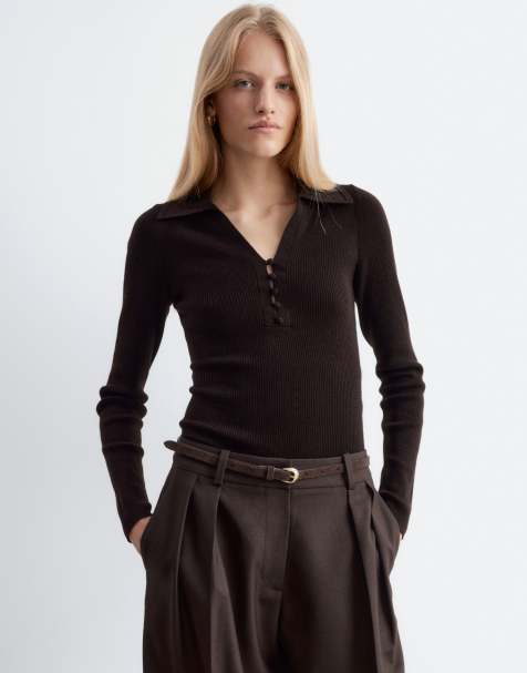 & Other Stories 100% wool slim fit collared top with fabric covered buttons in brown - view 1