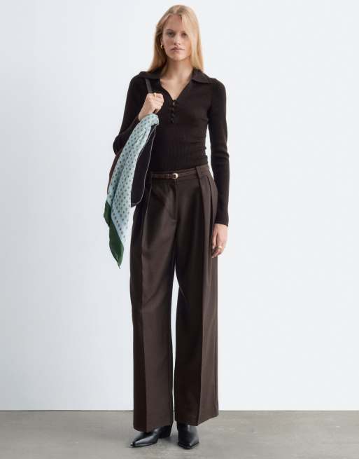 & Other Stories 100% wool slim fit collared top with fabric covered buttons in brown, 2 of 4