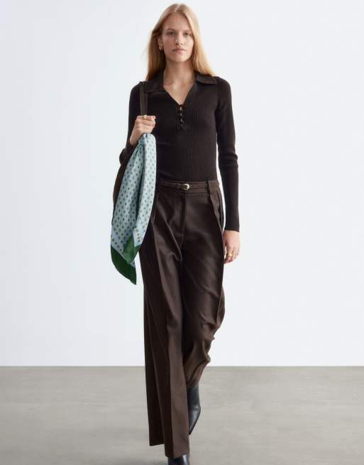 & Other Stories 100% wool slim fit collared top with fabric covered buttons in brown, 4 of 4