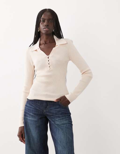 & Other Stories 100% wool slim fit collared top with fabric covered buttons in dusty orange, 3 of 4
