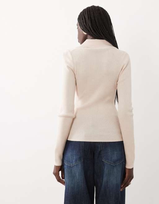 & Other Stories 100% wool slim fit collared top with fabric covered buttons in dusty orange, 4 of 4