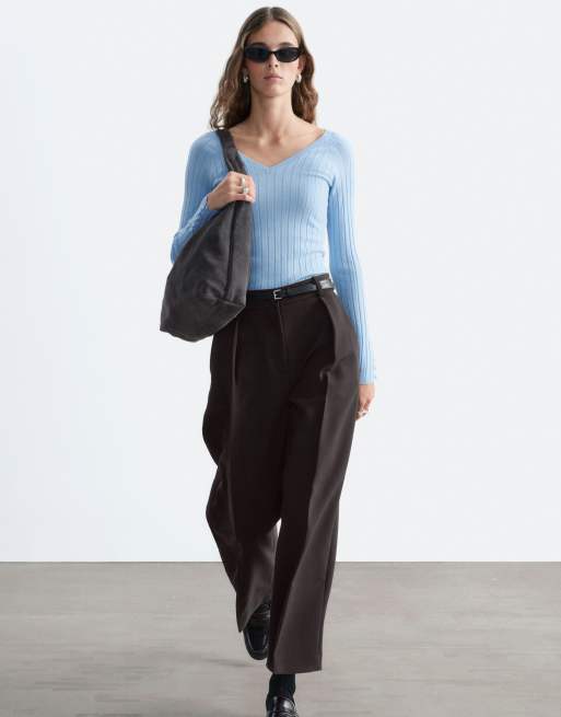 & Other Stories 100% wool v neck long sleeve rib top with button up cuffs in dusty light blue, 4 of 4