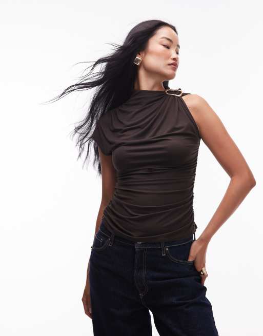 & Other Stories 2-in-1 drape top in brown with removable metal clasp