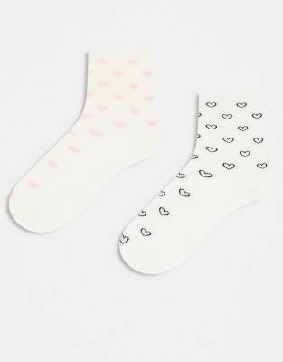 & Other Stories & Other Stories 2 pack ankle socks with black and pink hearts in white