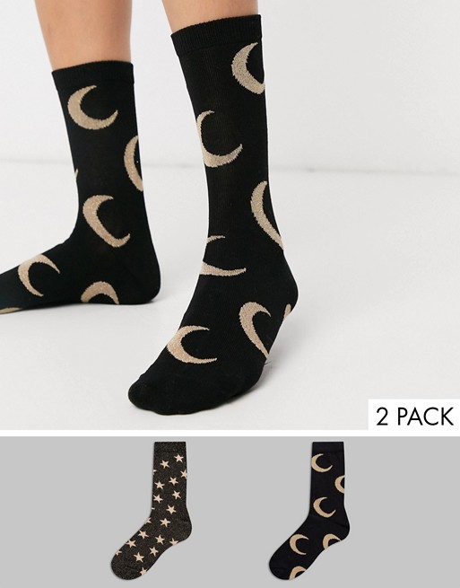 & Other Stories 2 pack moon and star sparkle socks in black