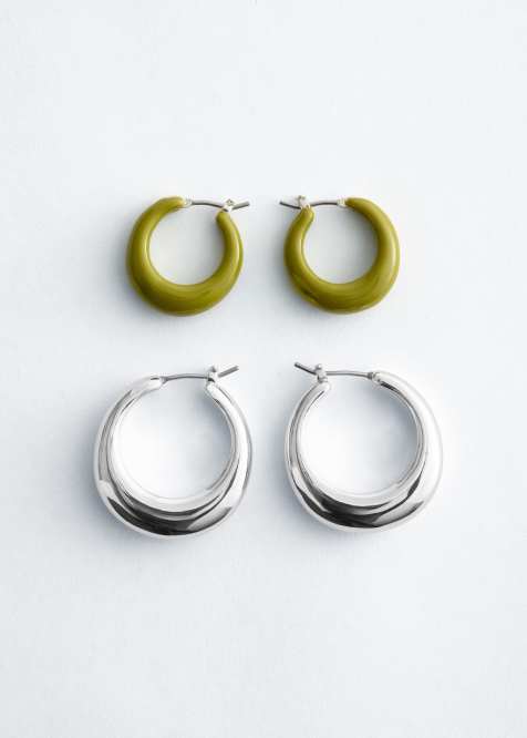 & Other Stories 2-pack stackable hoop earrings in green and silver - view 1