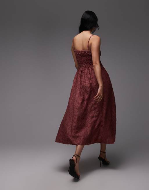 & Other Stories 3D floral midi dress with v drop waist and removable straps in pomegranate pink, 4 of 4