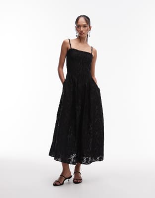 & Other Stories 3D floral midi dress with v drop waist in black - view 1