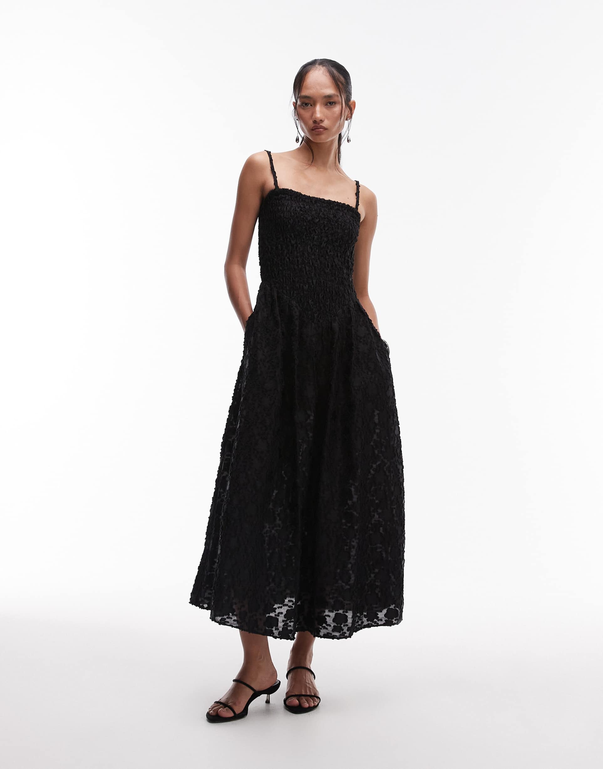 & other stories 3d floral midi dress with v-drop waist in black