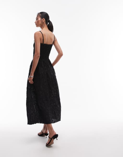 & Other Stories 3D floral midi dress with v drop waist in black, 3 of 4