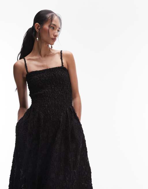 & Other Stories 3D floral midi dress with v drop waist in black, 4 of 4