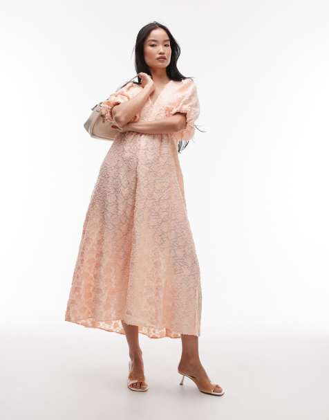 & Other Stories 3D sheer jacquard  maxi dress with volume sleeves in light orange