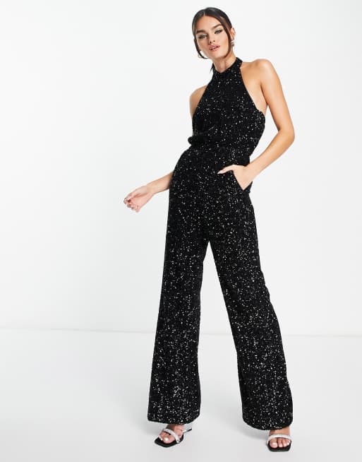 ASOS DESIGN square neck flare leg tailored jumpsuit in black