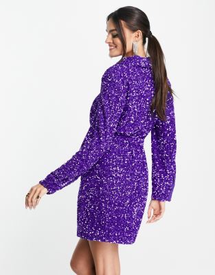 Glamorous tie waist wrap chunky sequin mini dress in iridescent purple