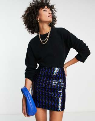 & Other Stories all over sequin mini skirt in blue and black geometric