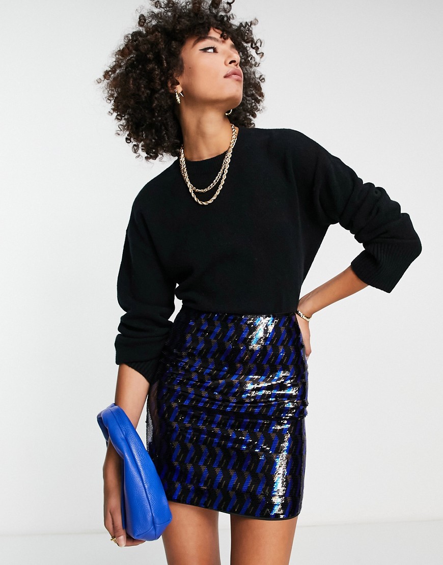 & Other Stories all-over sequin mini skirt in blue and black geometric
