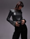 [Other Stories] & Other Stories all over sequin top with fringe sequin sleeve detail in dark silver-Grey L Dark Silver