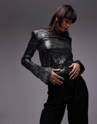 & Other Stories all over sequin top with fringe sleeve detail in dark silver-Gray