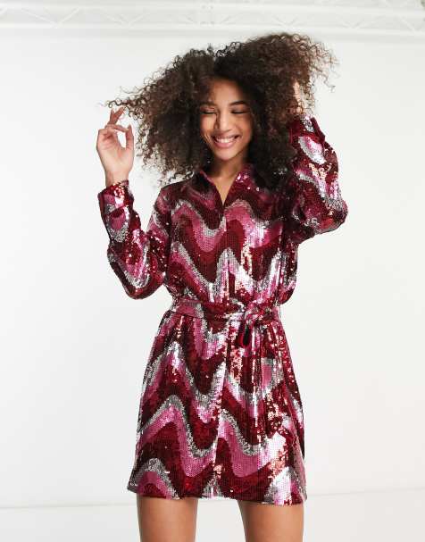 & Other Stories all over wave sequin mini shirt dress in pink - view 1