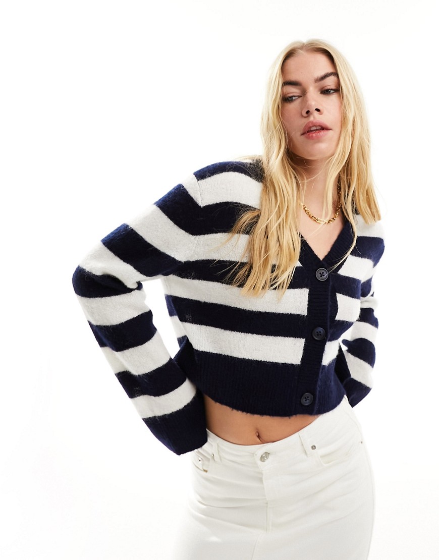 & Other Stories alpaca and merino wool blend cropped cardigan in navy and white stripe