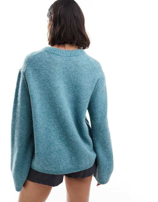 & Other Stories alpaca and wool blend fluffy knit sweater on teal blue, 4 of 4
