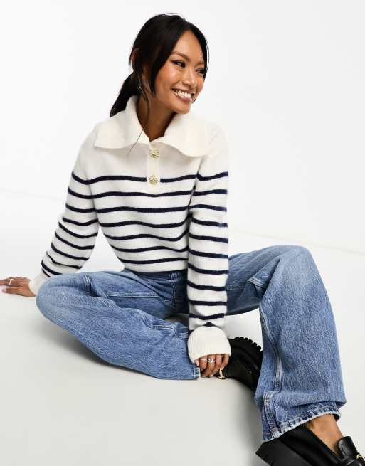 & Other Stories alpaca and wool blend jumper with buttoned collar in stripe