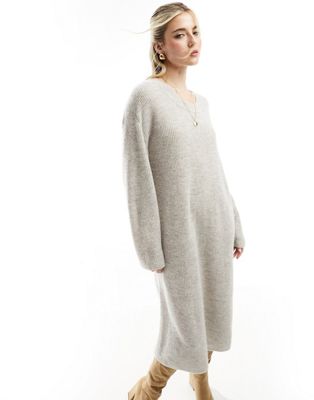 & Other Stories alpaca and wool blend long sleeve knitted midi dress in beige