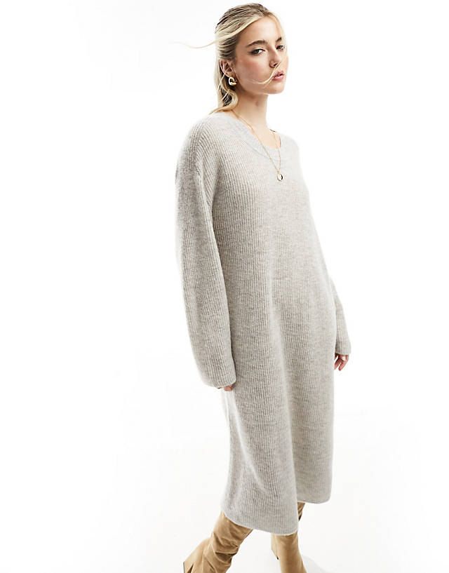 & Other Stories - alpaca and wool blend long sleeve knitted midi dress in beige