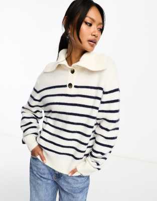 Other Stories &  Alpaca And Wool Blend Sweater With Buttoned Collar In Stripe-white