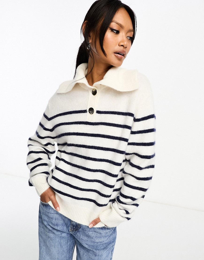 Other Stories &  Alpaca And Wool Blend Sweater With Buttoned Collar In Stripe-white
