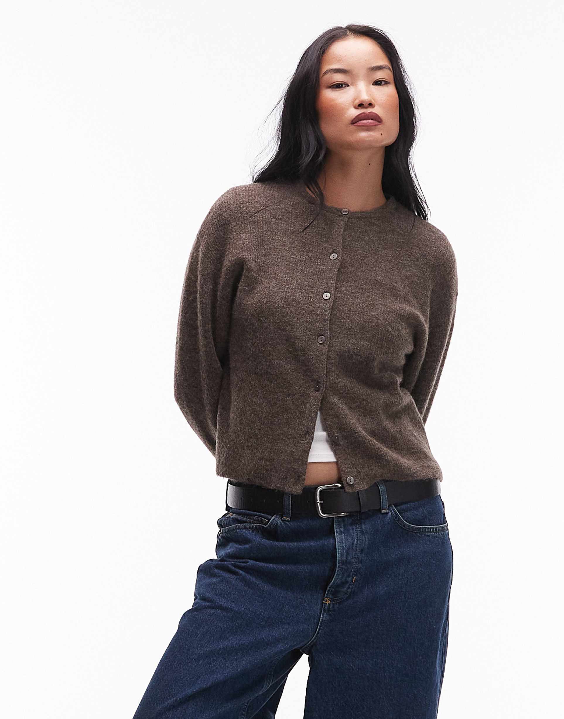 & other stories alpaca and wool cardigan with button front in mocha brown