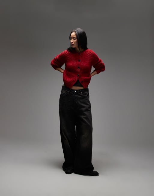 & Other Stories alpaca and wool chunky knit cardigan with balloon sleeves in red, 2 of 4