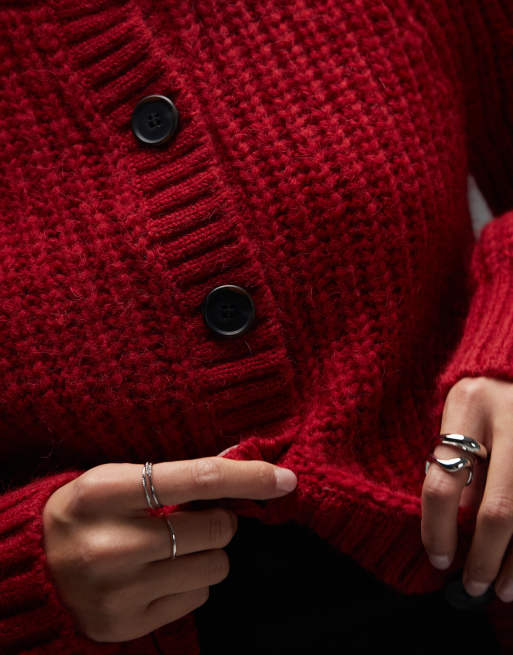 & Other Stories alpaca and wool chunky knit cardigan with balloon sleeves in red, 3 of 4