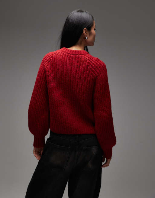 & Other Stories alpaca and wool chunky knit cardigan with balloon sleeves in red, 4 of 4