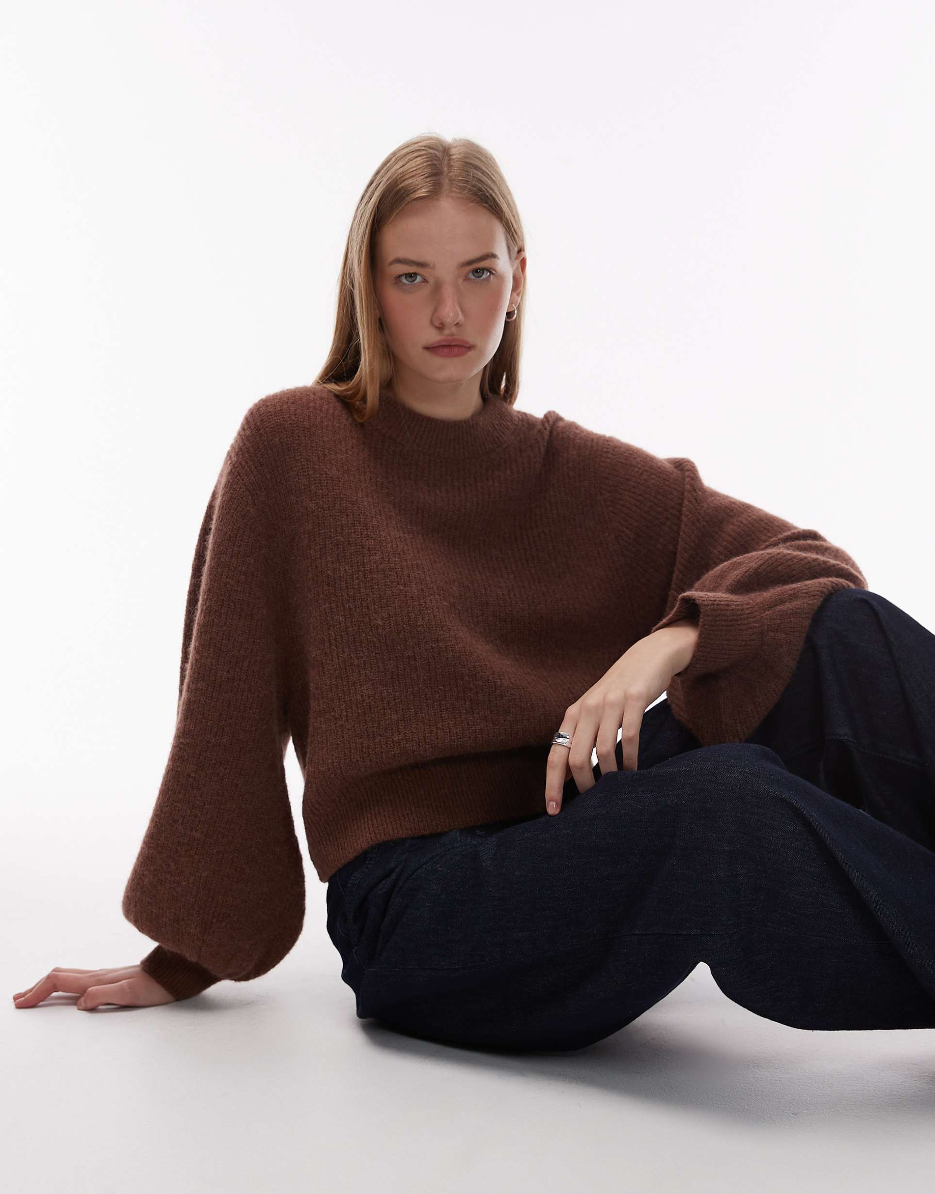 & other stories alpaca and wool mix sweater with volume sleeves in chocolate brown