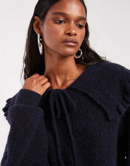 & Other Stories alpaca and wool oversized collar tie up knit cardigan in navy, 2 of 4