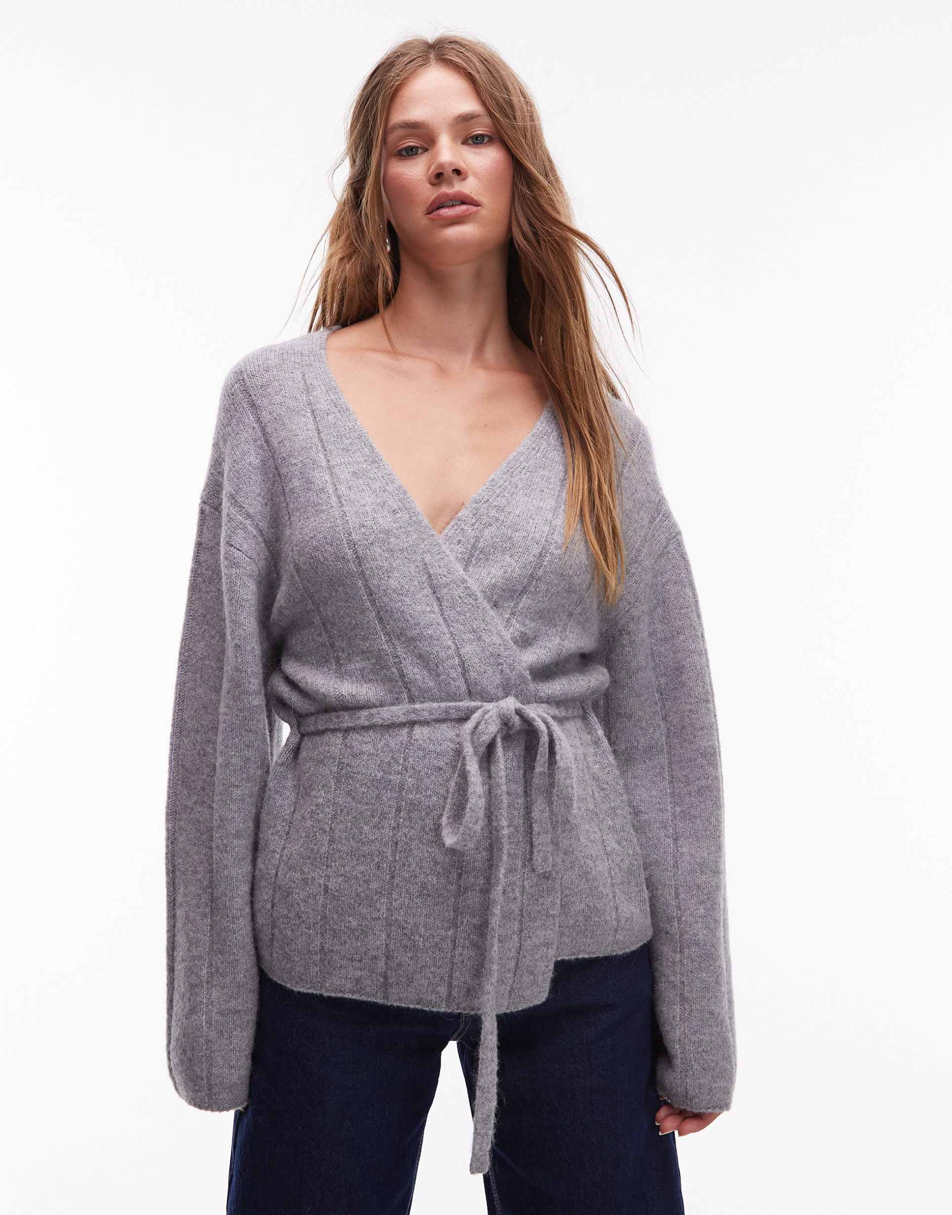 & other stories alpaca and wool wide knit rib cardigan with belted waist in gray melange