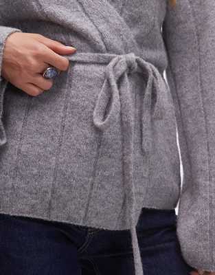 & Other Stories Alpaca And Wool Wide Knit Rib Cardigan With Belted Waist In Gray