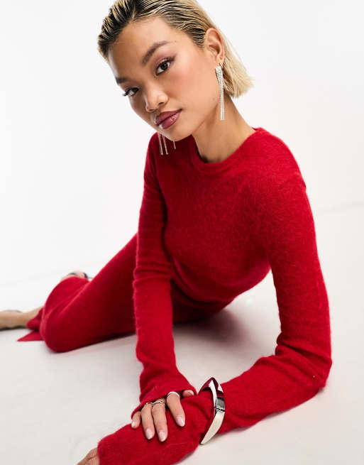 & Other Stories alpaca blend sheer knitted midaxi dress with thigh split in red, 3 of 4