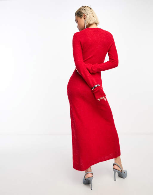 & Other Stories alpaca blend sheer knitted midaxi dress with thigh split in red, 4 of 4