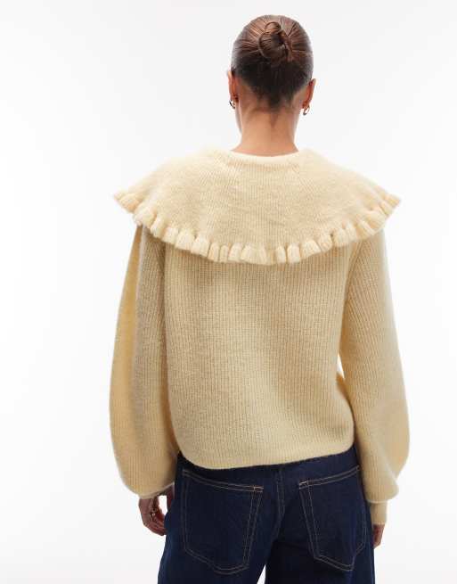 & Other Stories alpaca cardigan with large tie front collar in light yellow, 3 of 4