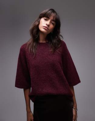 & Other Stories alpaca short sleeve knitted sweater in burgundy exclusive to ASOS-Red