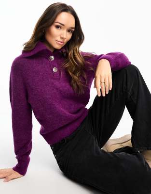 & Other Stories & Other Stories alpaca wool jumper with wide button front collar in purple