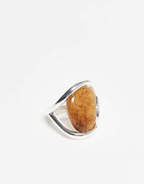 & Other Stories - Anello argentato con design astratto e pietra marrone - view 1